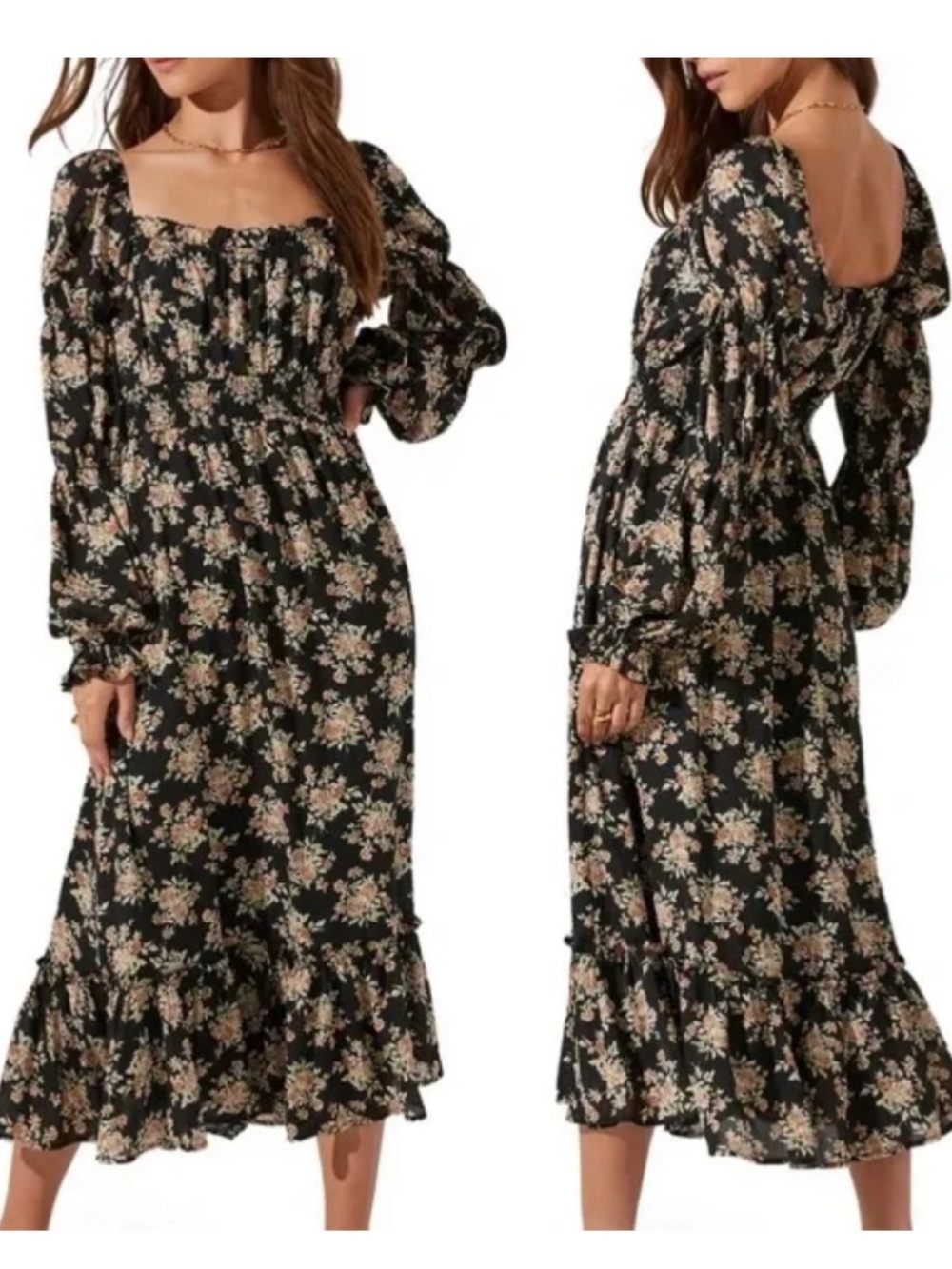 ASTR THE LABEL Floral Cinched Long Sleeve Midi Peasant Dress